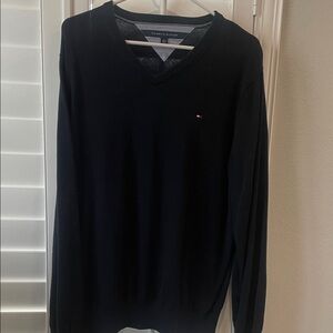 Tommy Hilfiger Men's Black V-Neck Sweater with Signature Flag